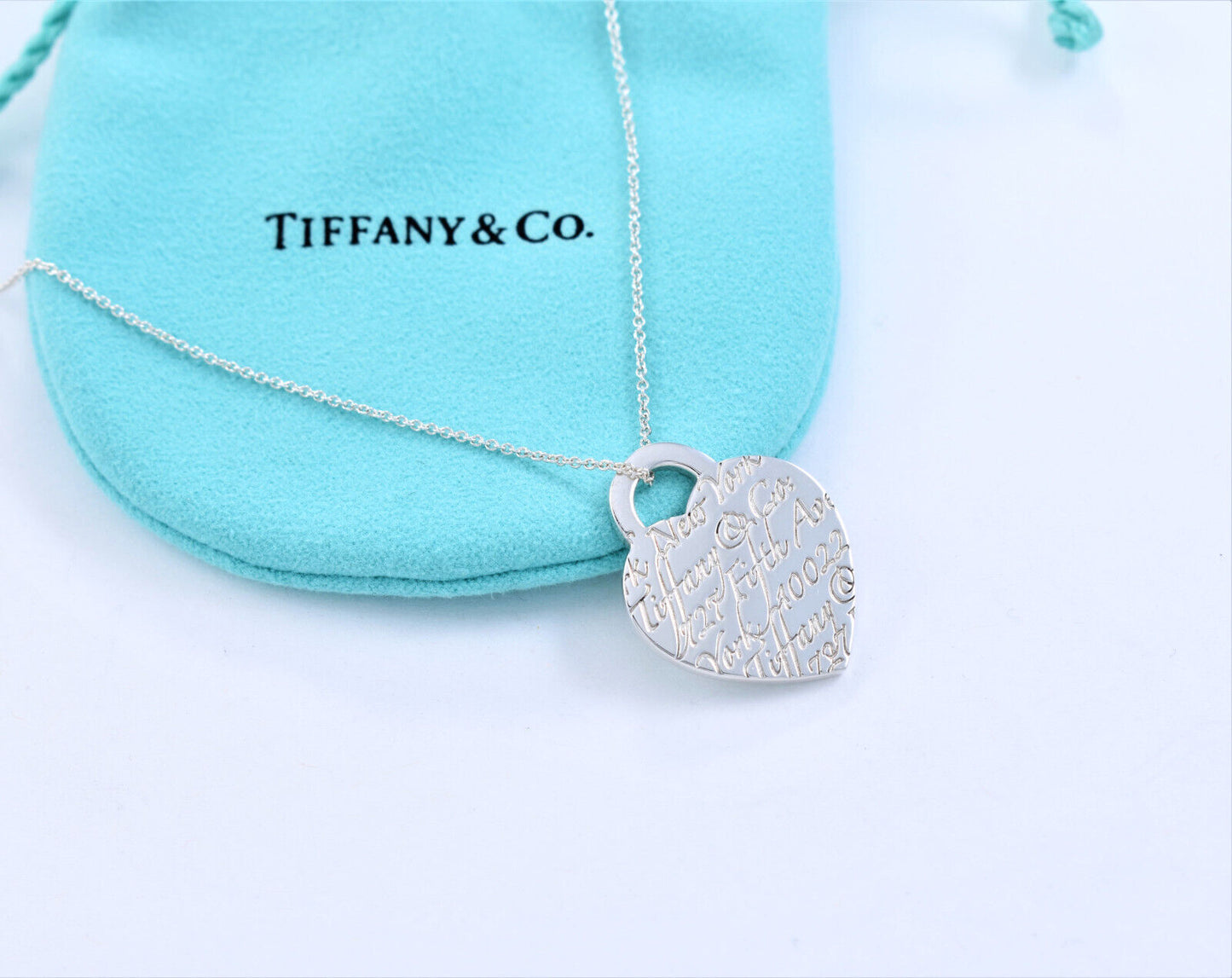 Tiffany & Co Silver Large 1" NY Adress Notes Heart Pendant 18" Necklace in Box