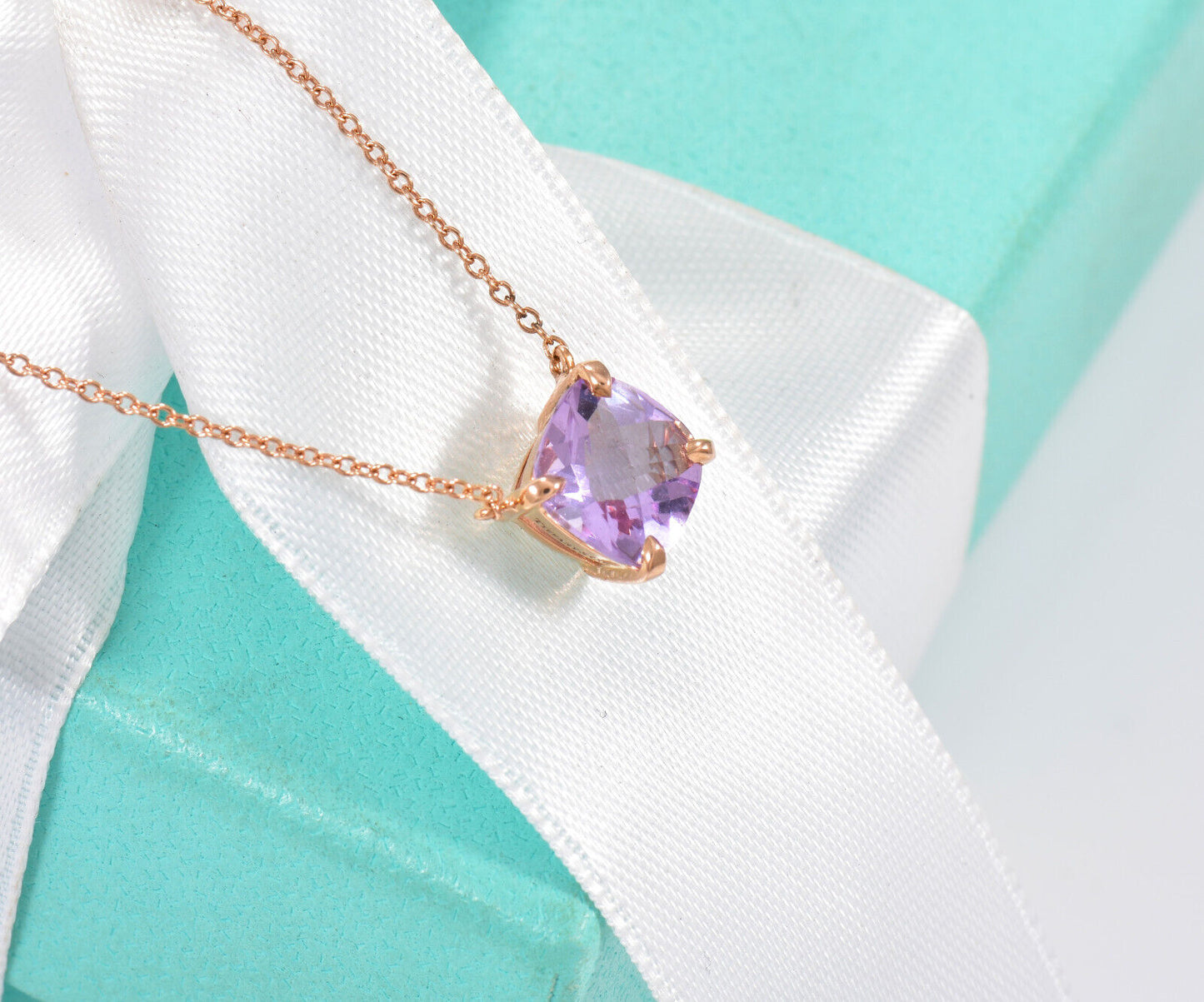 Tiffany & Co 18K Rose Gold Amethyst Square Sparkler Pendant 16" Necklace in Box