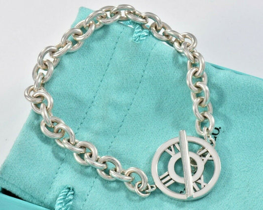 Tiffany & Co Sterling Silver Atlas Toggle Chain 8.25" Bracelet with Pouch Rare