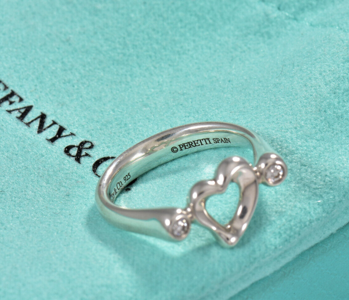 Size 5.5 Tiffany & Co Diamond Silver Elsa Peretti Open Heart Ring in Box Pouch