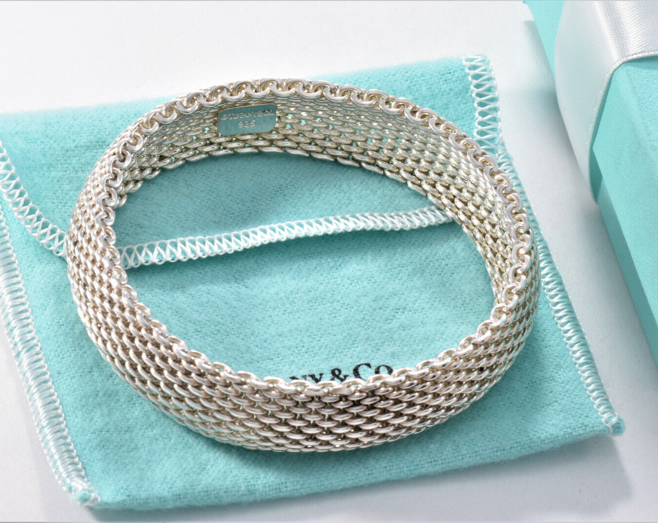 7.5” Tiffany & Co Silver Somerset Mesh Dome Bangle Bracelet in Box Pouch Ribbon