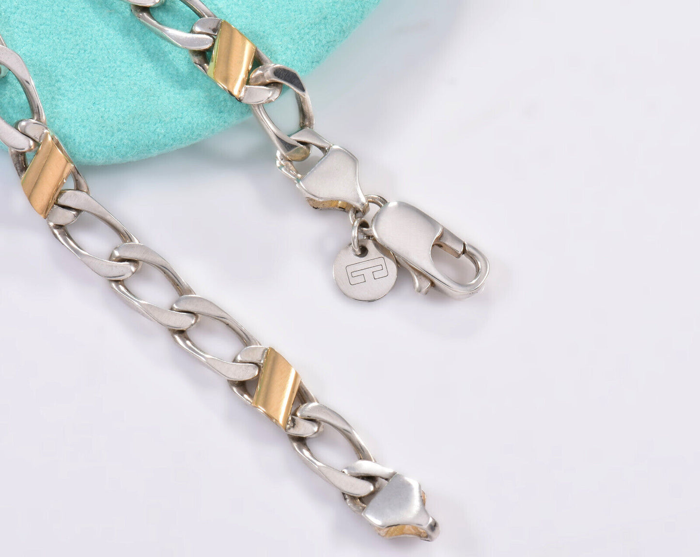 7.5" Tiffany & Co Sterling Silver 18K Gold Figaro Bracelet in Pouch Cuban Link