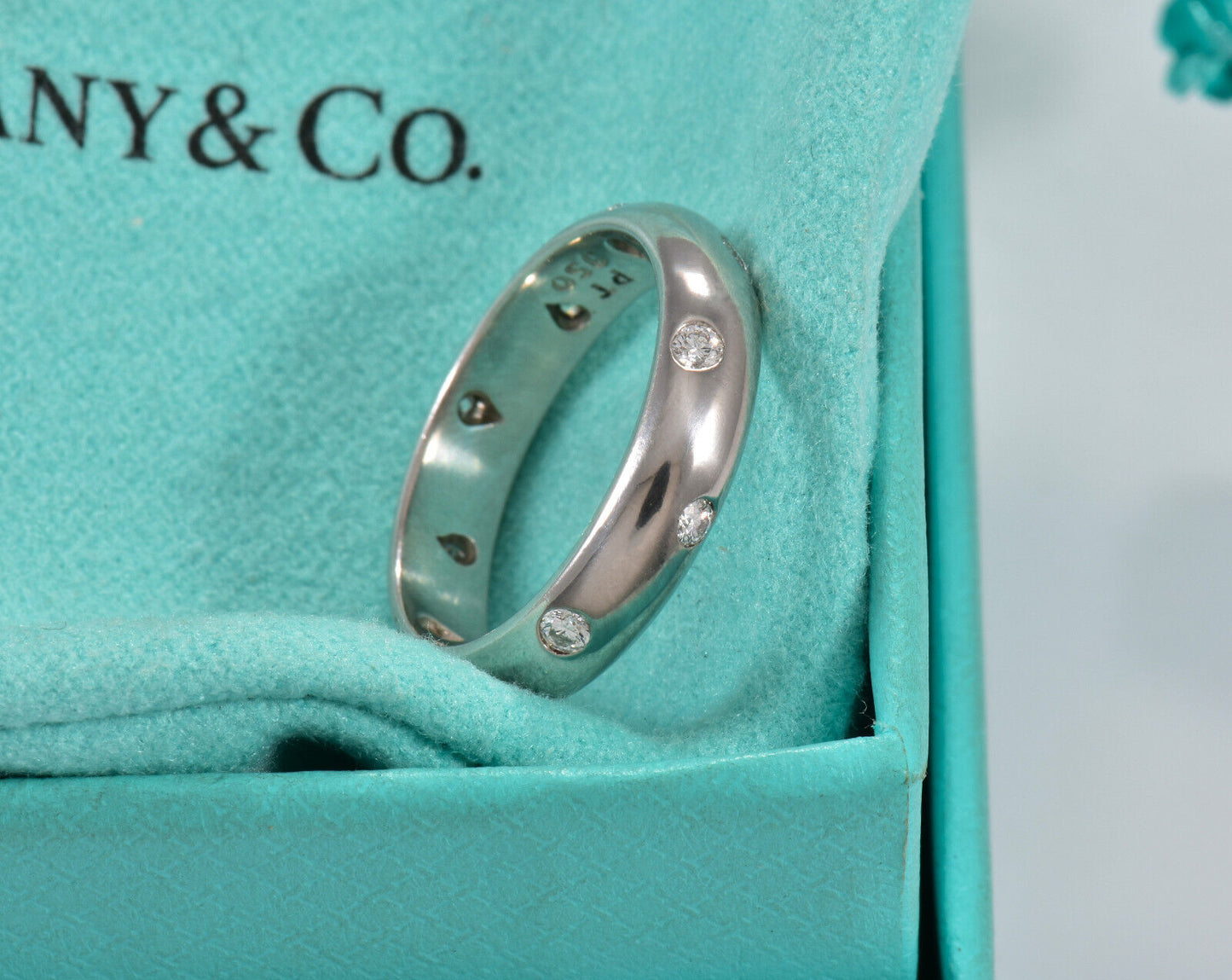 Size 4.25 $3200 Tiffany & Co Etoile Diamond Platinum Band Ring .22ct & Box Pouch