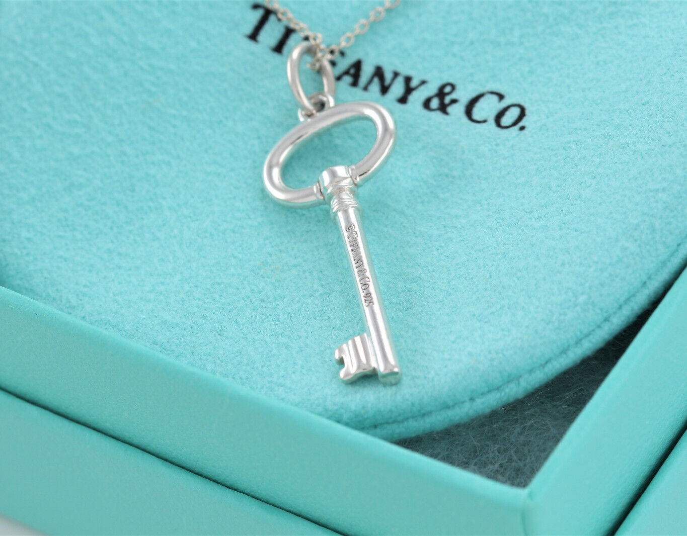 Tiffany & Co Sterling Silver 1.5" Oval Key Pendant 18.25" Chain Necklace in Box