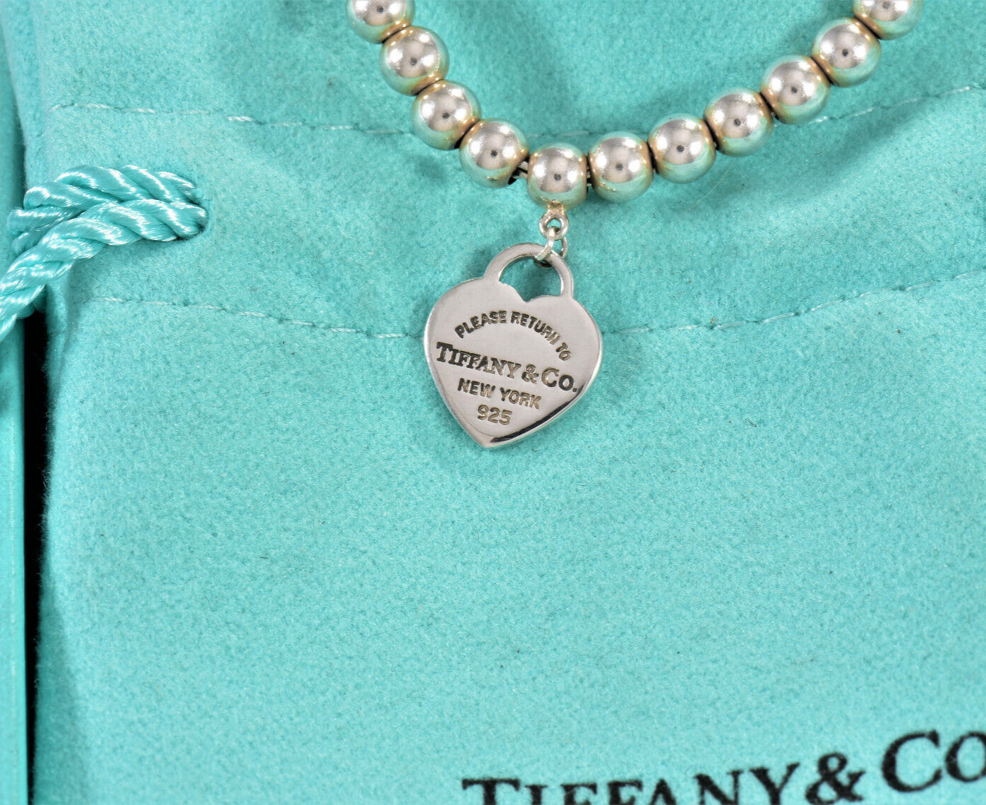 Please Return To Tiffany & Co Silver Blue Enamel Heart Charm Bead 6.75" Bracelet