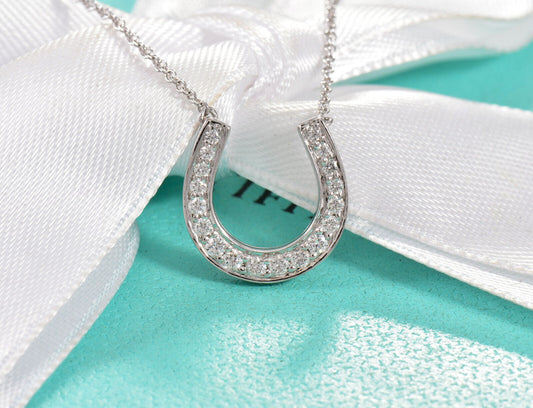 Tiffany & Co Platinum Diamond Large Horseshoe 14mm Pendant 17" Necklace in Box