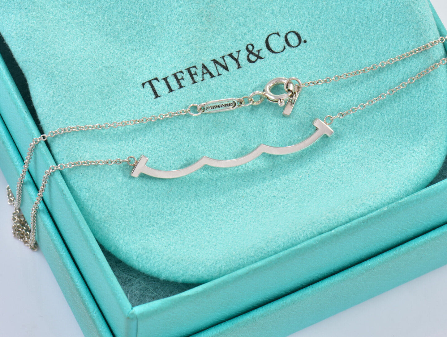 Tiffany & Co Sterling Silver T Wave Smile Pendant 16 - 18" Necklace in Box Pouch