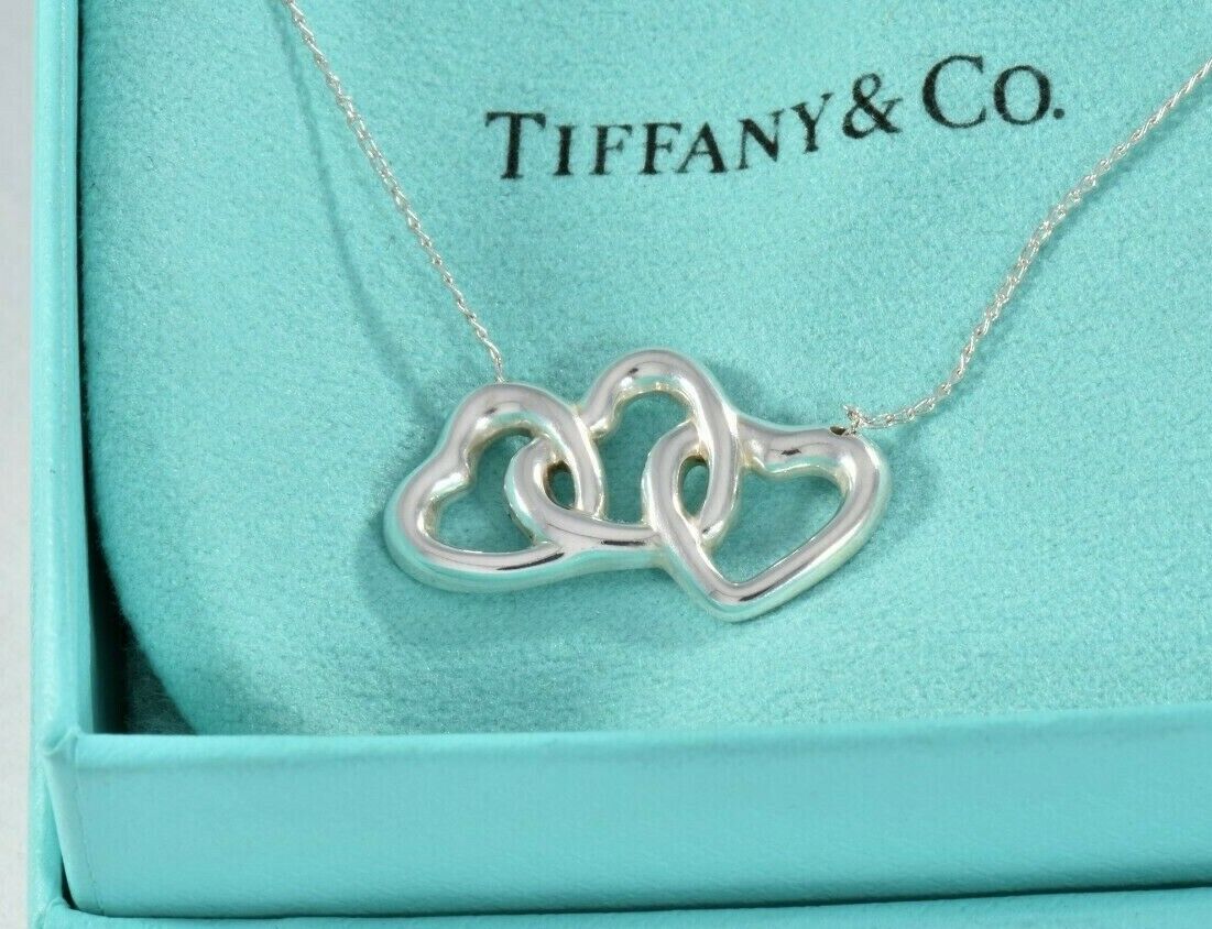 18.25" Vintage Tiffany & Co Silver Three Heart Pendant Fringe Necklace in Pouch