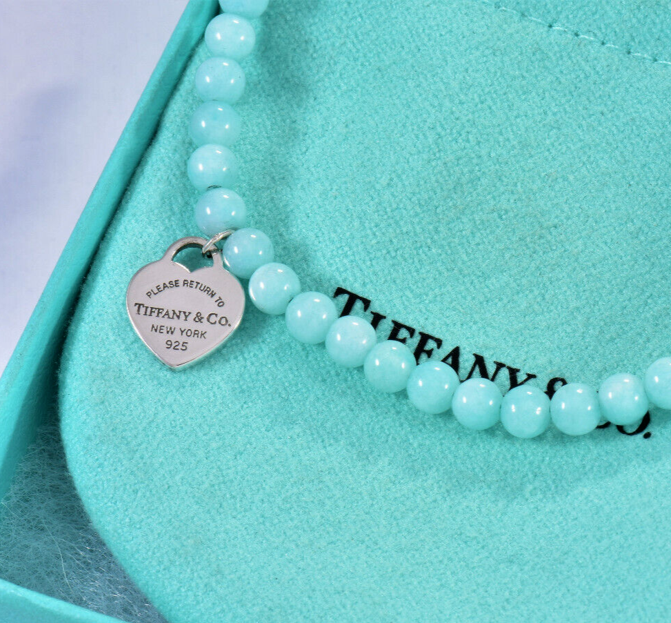 7.55" Please Return To Tiffany & Co Silver Heart Charm Amazonite Bead Bracelet