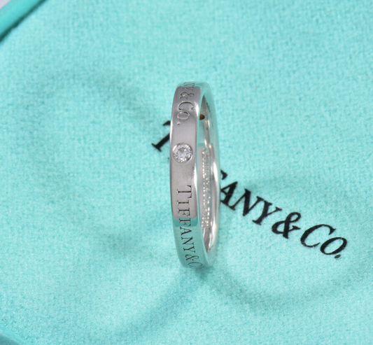 Size 8 Tiffany & Co Diamond Platinum Band 3mm Ring in Box Pouch .07 ct Classic