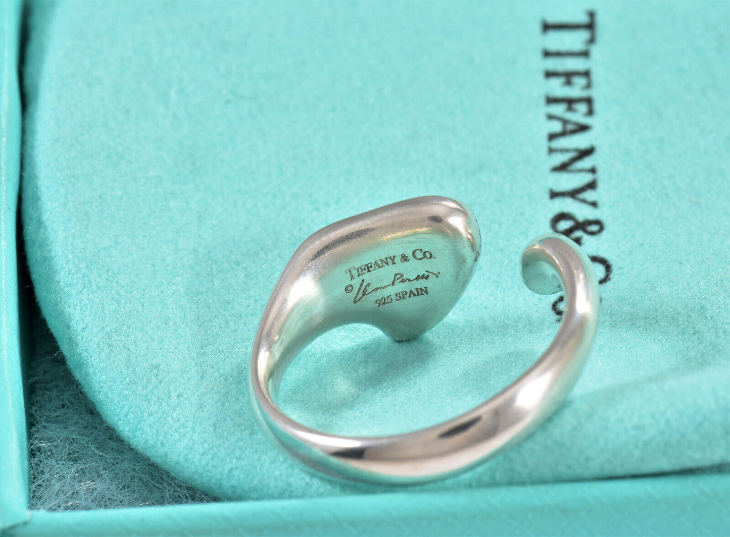 Size 7.5 Tiffany & Co Sterling Silver Elsa Peretti Full Heart Bypass Ring Pouch