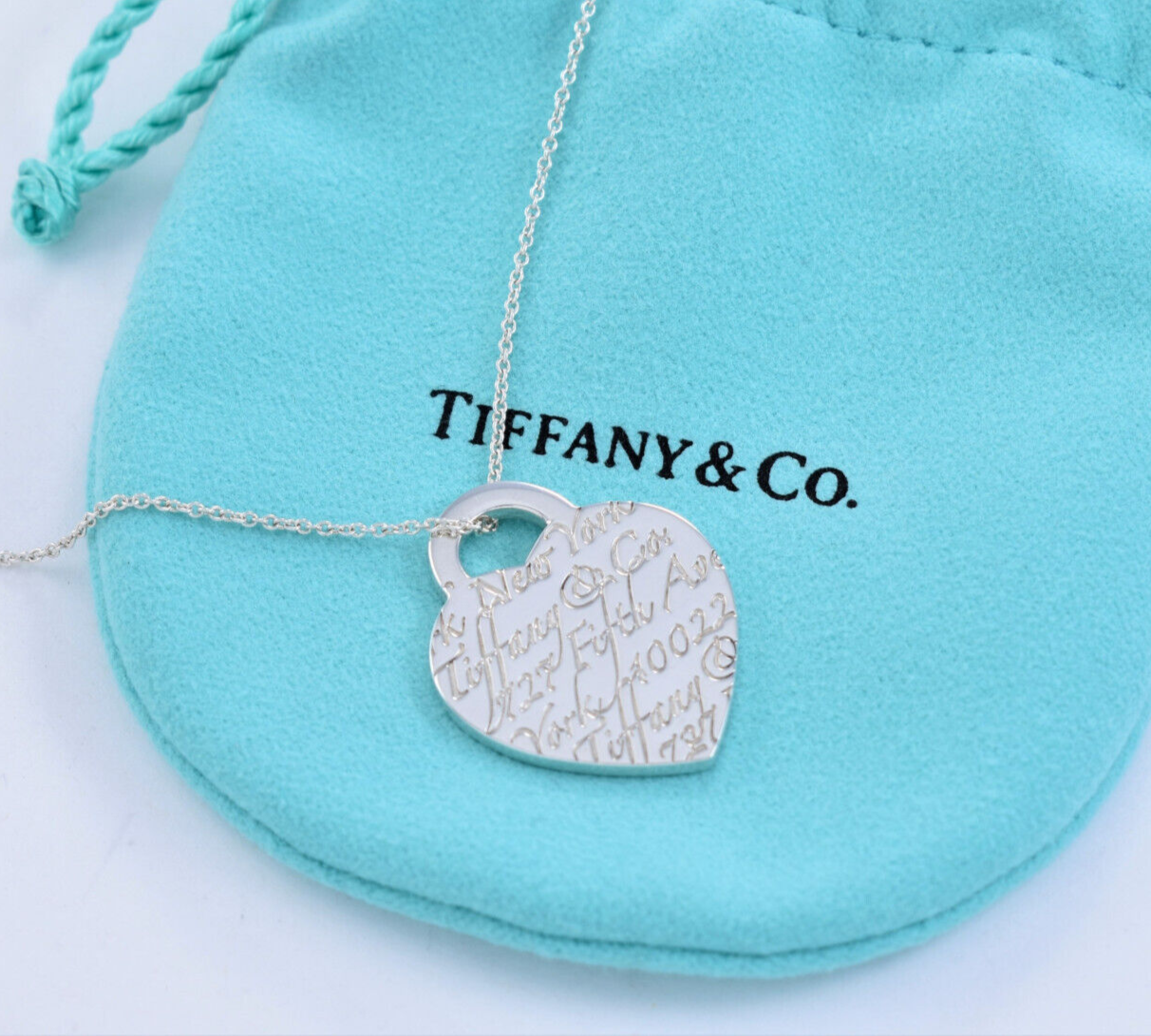 Tiffany & Co Silver Large 1" NY Adress Notes Heart Pendant 18" Necklace in Box