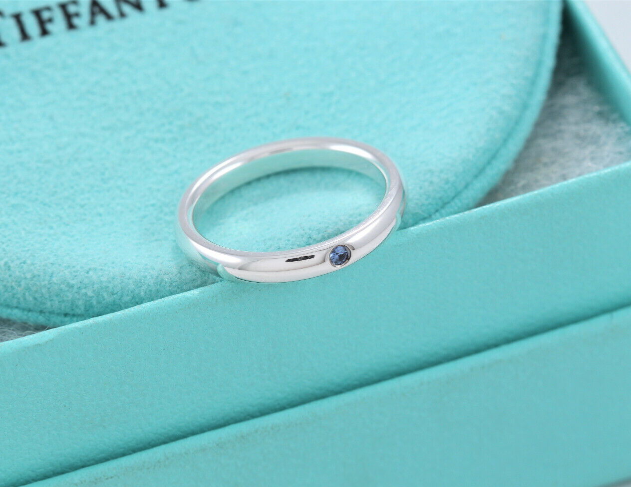 Size 5 Tiffany & Co Silver Elsa Peretti Blue Sapphire Stack Ring in Box Pouch