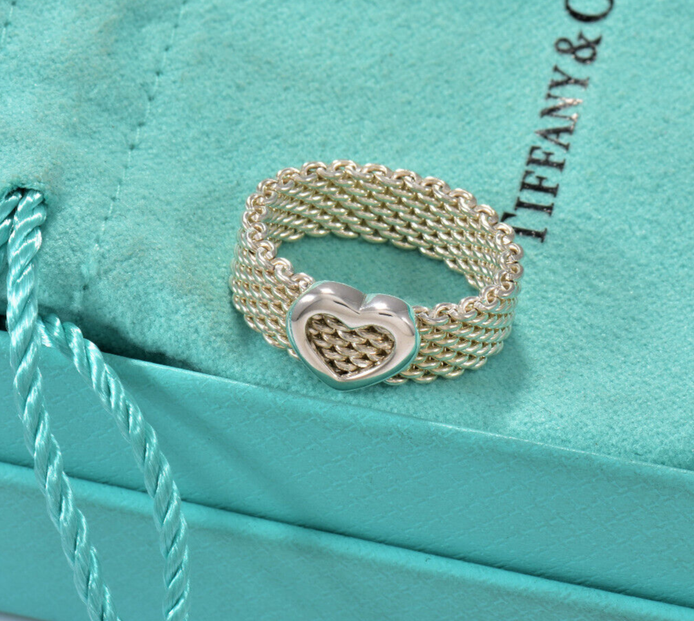 Size 8 Tiffany & Co Sterling Silver Heart Mesh Love Ring in Pouch Rare Lovely