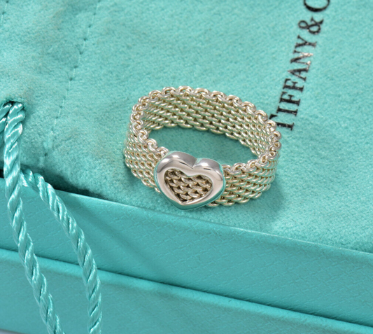 Size 8 Tiffany & Co Sterling Silver Heart Mesh Love Ring in Pouch Rare Lovely