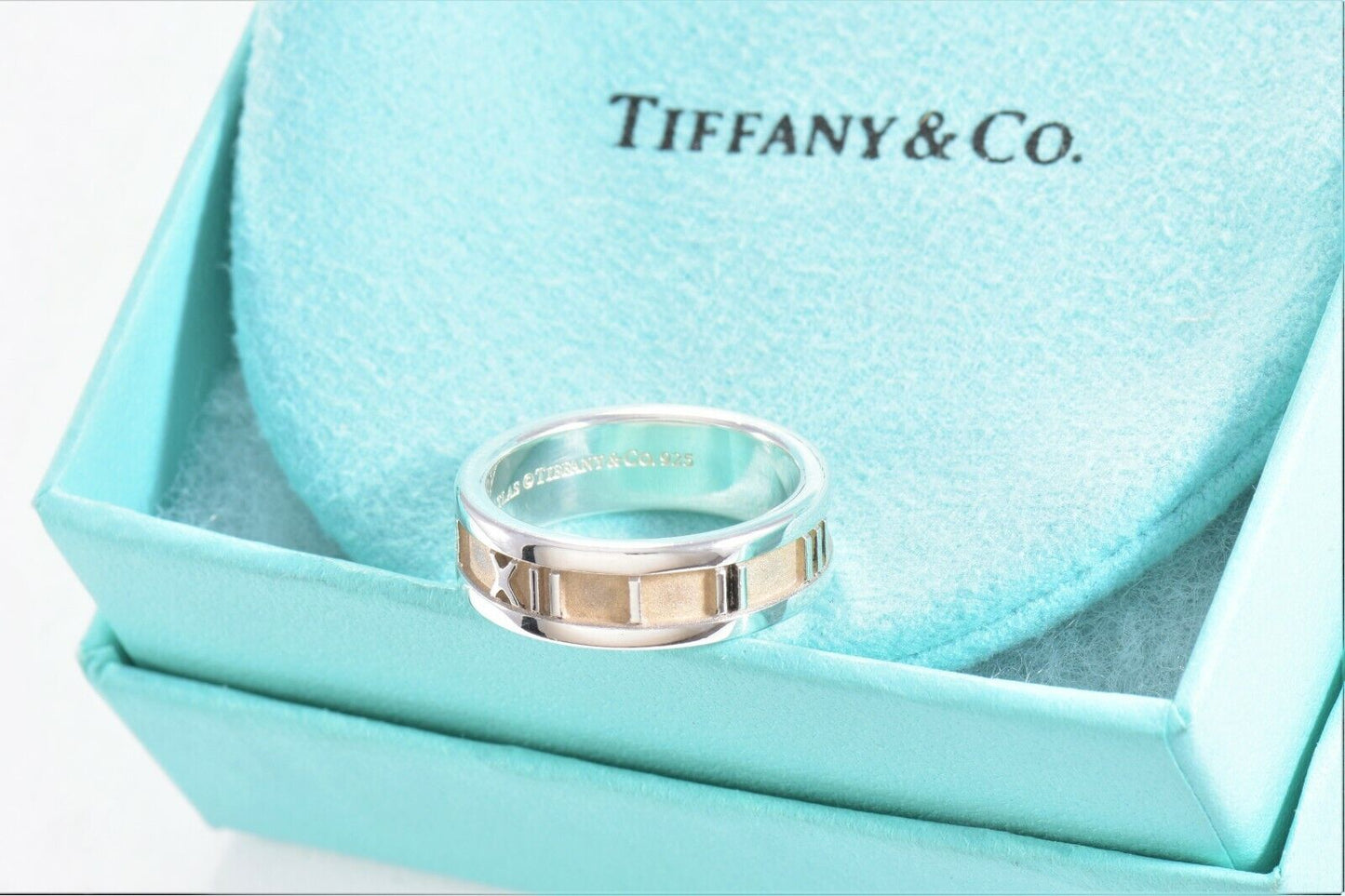 Vintage Tiffany & Co Silver 6mm Atlas Roman Numerals Band Ring Size 5 in Pouch