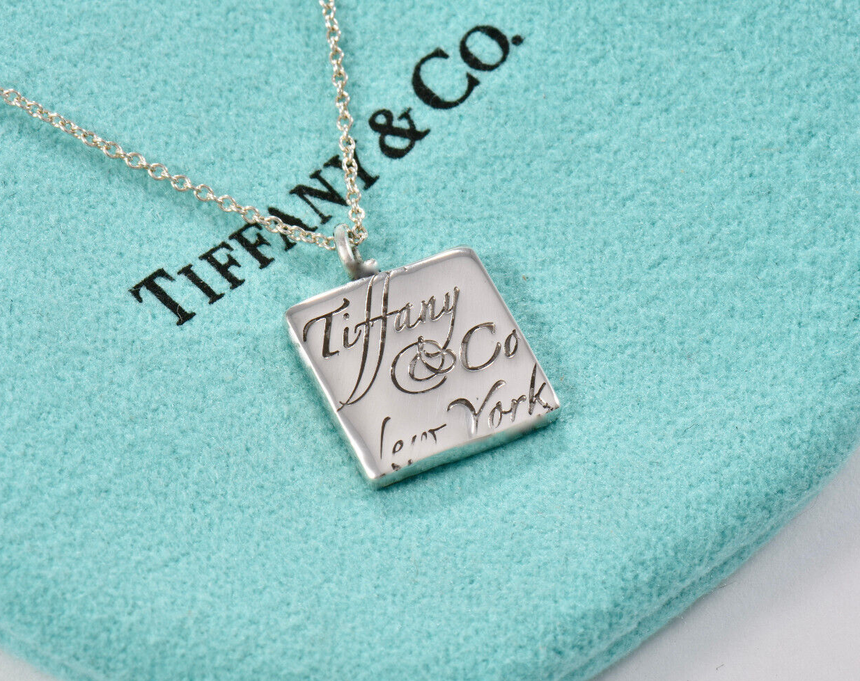 16.5" Tiffany & Co Silver NY Notes Square Wavy Pendant Necklace in Pouch Rare