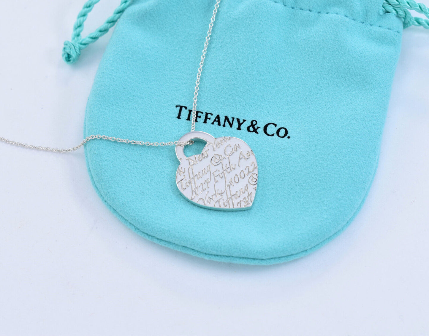 Tiffany & Co Silver Large 1" NY Adress Notes Heart Pendant 18" Necklace in Box