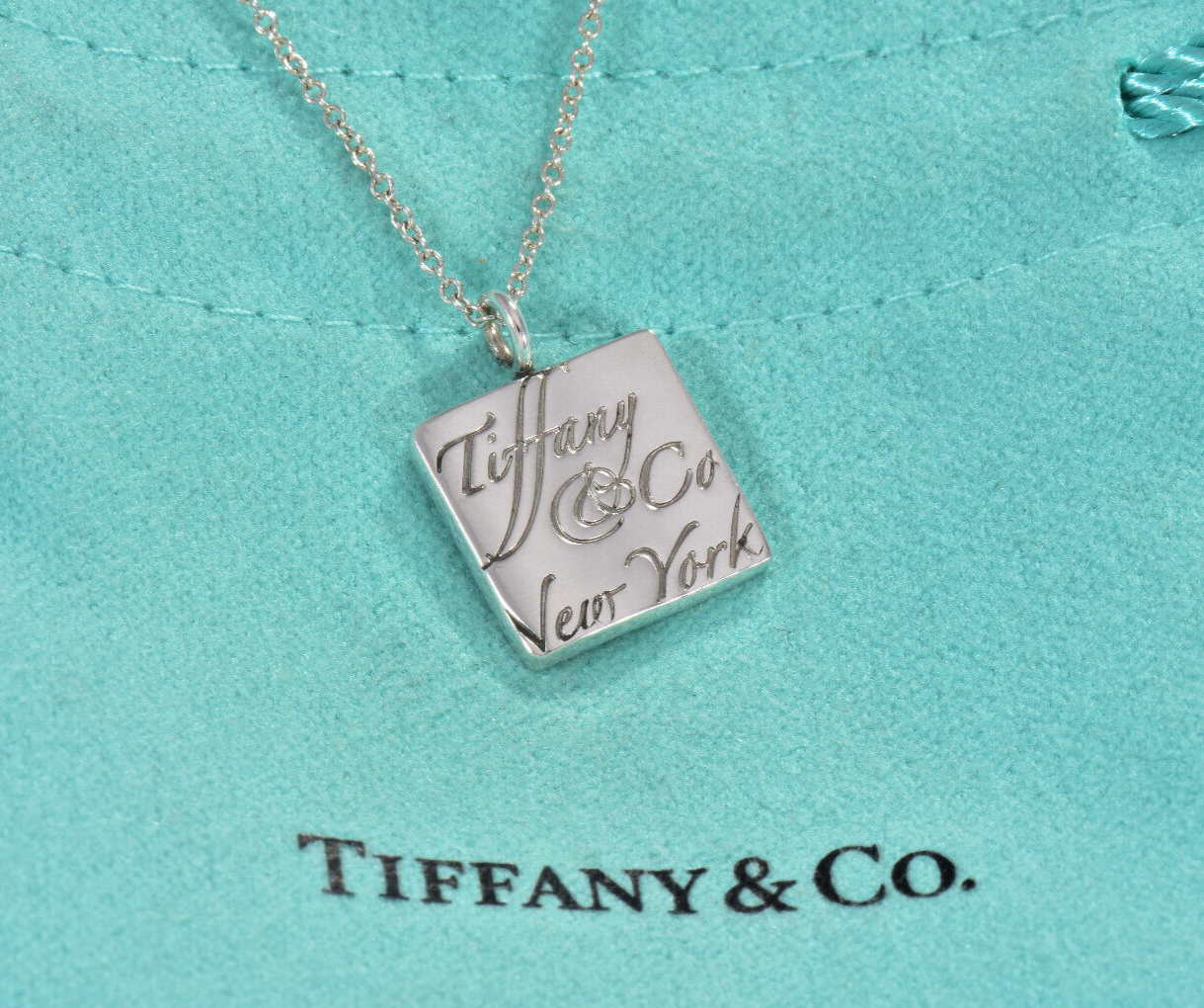 18.25" Tiffany & Co Silver NY Notes Square Wavy Pendant Necklace in Pouch Rare