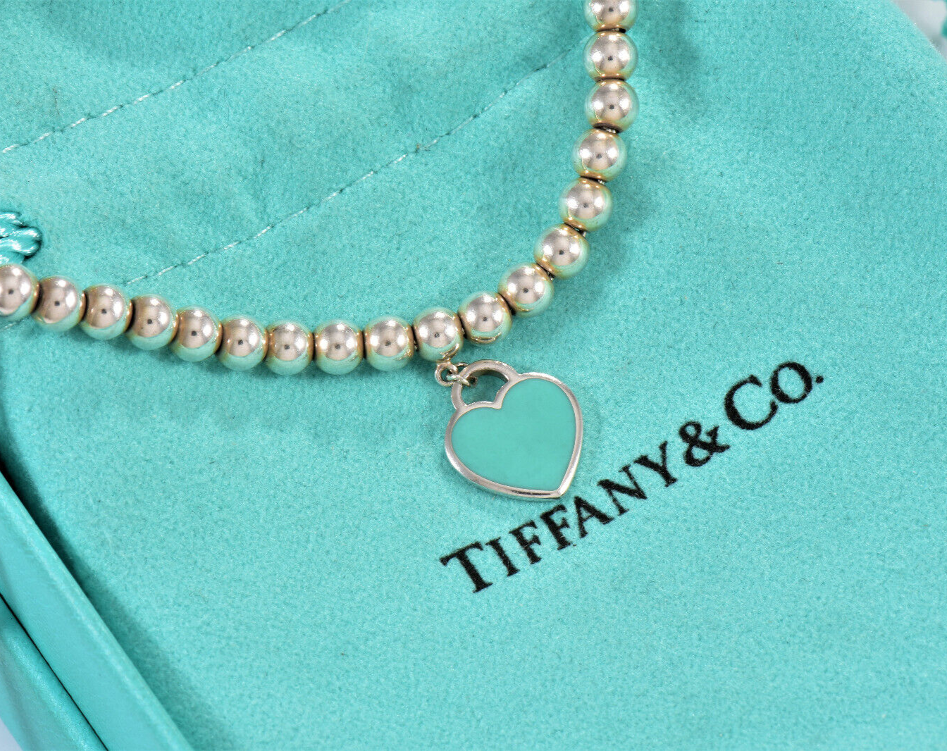 7.75" Please Return To Tiffany & Co Silver Blue Enamel Heart Charm Bead Bracelet