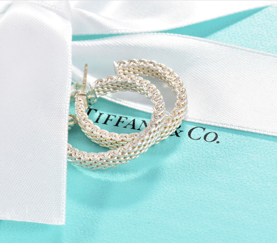 Tiffany & Co Sterling Silver Medium 25mm Mesh Hoop Earrings in Box Narrow Rare