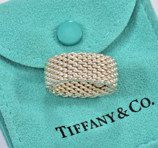 Size 7.5 Tiffany & Co Somerset Sterling Silver Mesh Link Band Ring in Pouch Rare