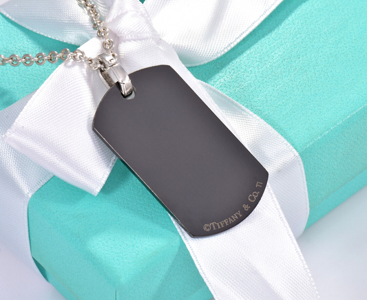 24" Tiffany & Co Silver Titanium Large DogTag Pendant Necklace in Box Pouch Men