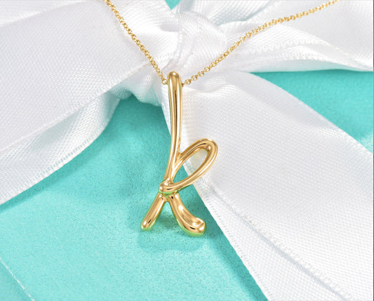 Boxed Tiffany & Co 18K Yellow Gold Elsa Peretti Letter K Pendant 16.25" Necklace