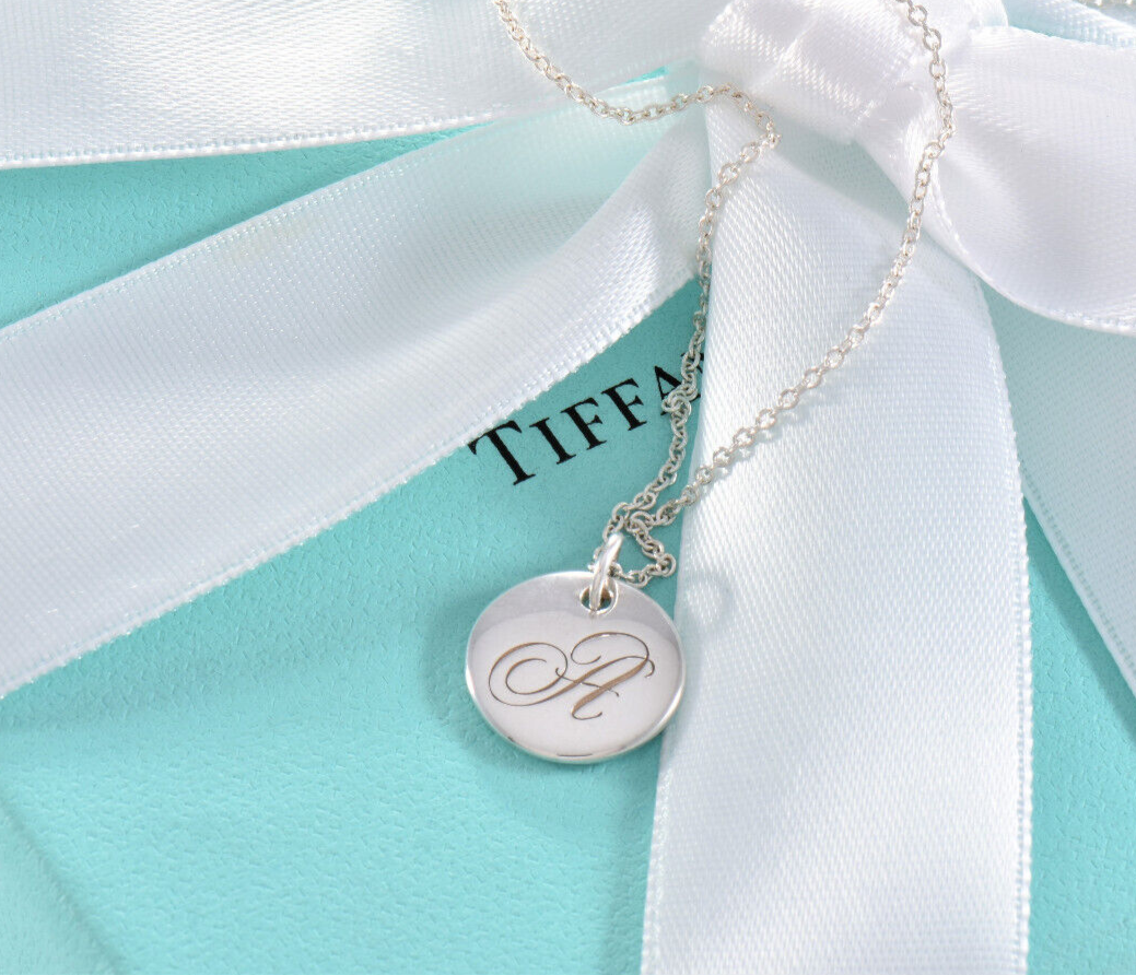 Tiffany & Co Silver Letter A Cursive Circle Pendant 17" Necklace in Box Pouch