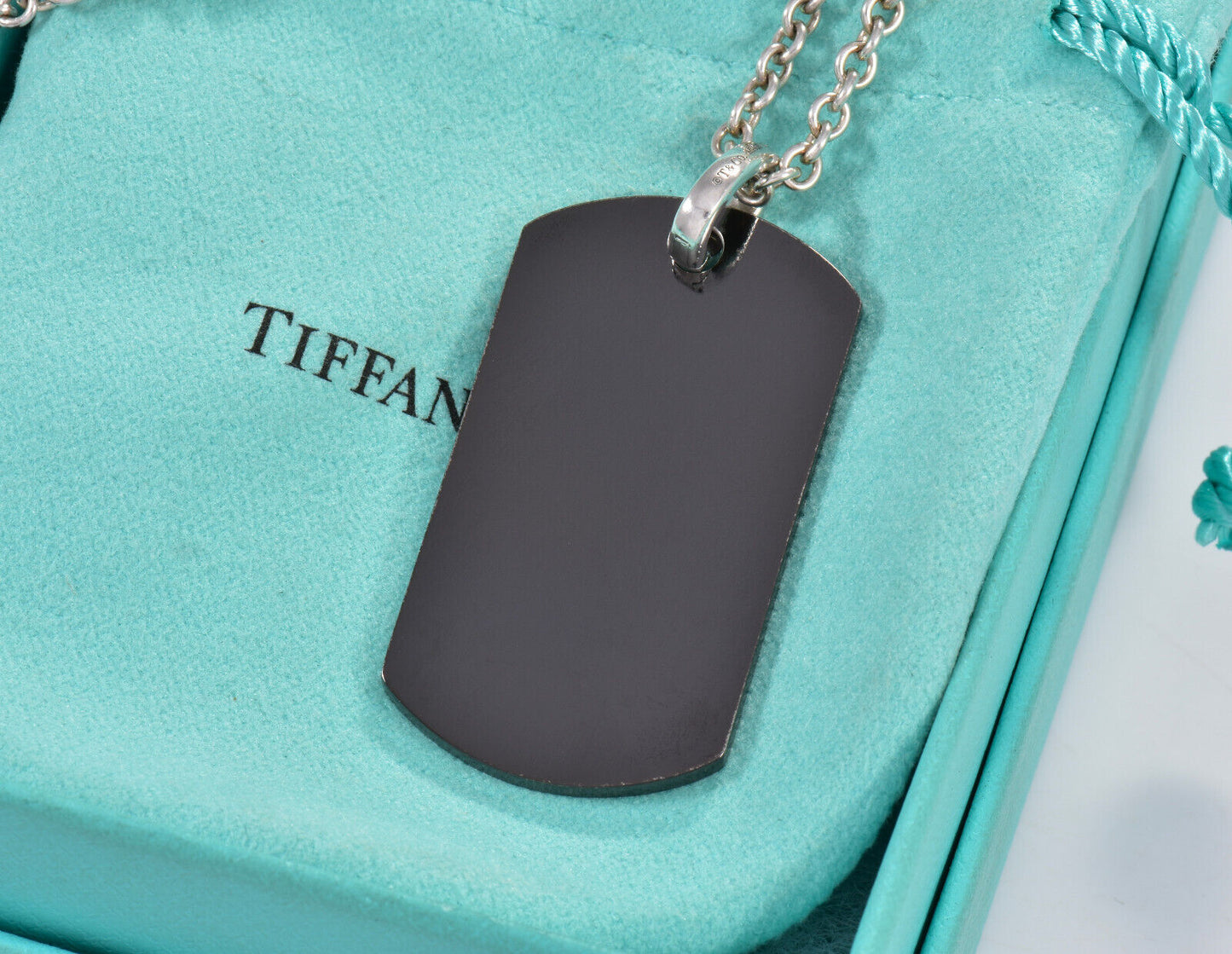 24" Tiffany & Co Silver Titanium Large DogTag Pendant Necklace in Box Pouch Men