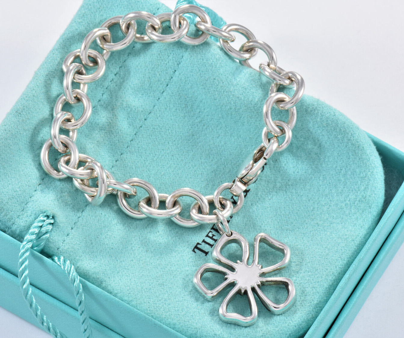 7.5" Tiffany & Co Silver Hibiscus Flower Charm Chain Link Bracelet in Box Pouch