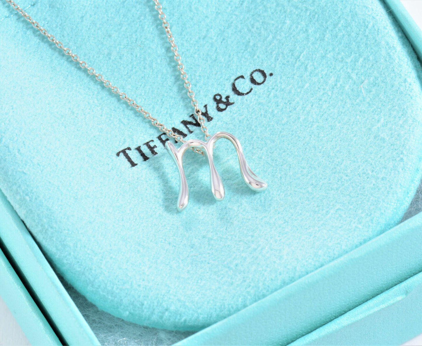 Tiffany & Co Silver Elsa Peretti Alphabet Letter M Necklace in Box Pouch Lovely