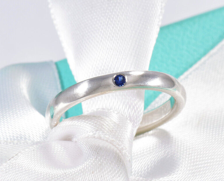 Size 12.5 Tiffany & Co Silver Elsa Peretti Blue Sapphire Stack Ring & Pouch Rare