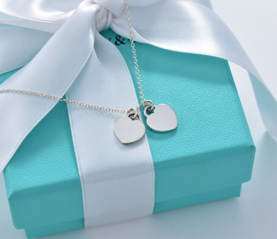 Return To Tiffany & Co Silver Mini Double Heart Pendant 16.25" Necklace in Pouch