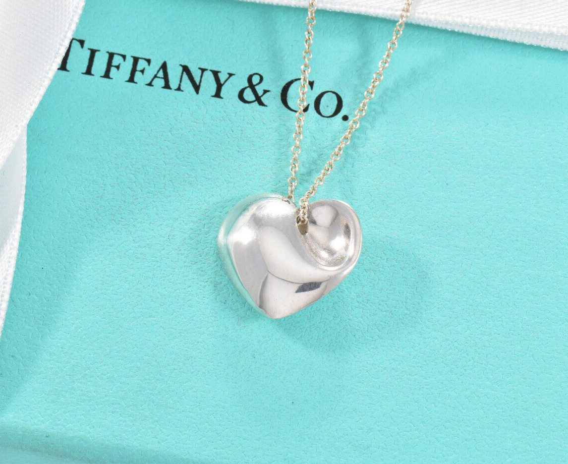 Tiffany & Co Sterling Silver Carved Full Puff Heart Pendant Necklace in Pouch