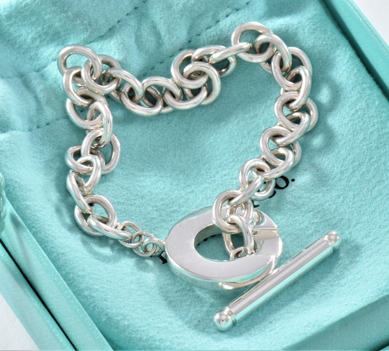 8" Tiffany & Co Sterling Silver Toggle Chain Link Charm Bracelet in Pouch Lovely