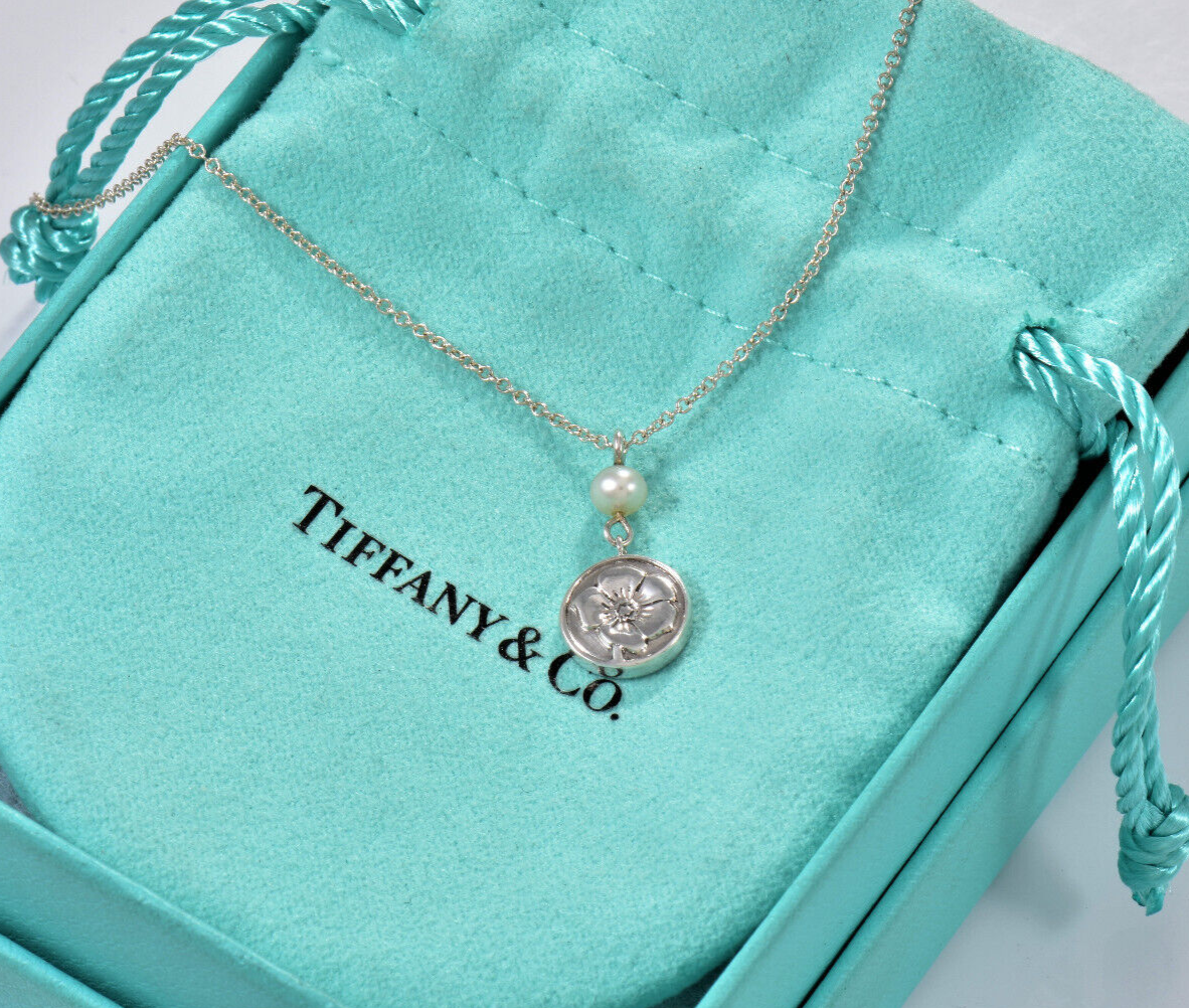 Tiffany & Co Sterling Silver Pearl Rose Flower Drop Pendant Necklace & Box Pouch