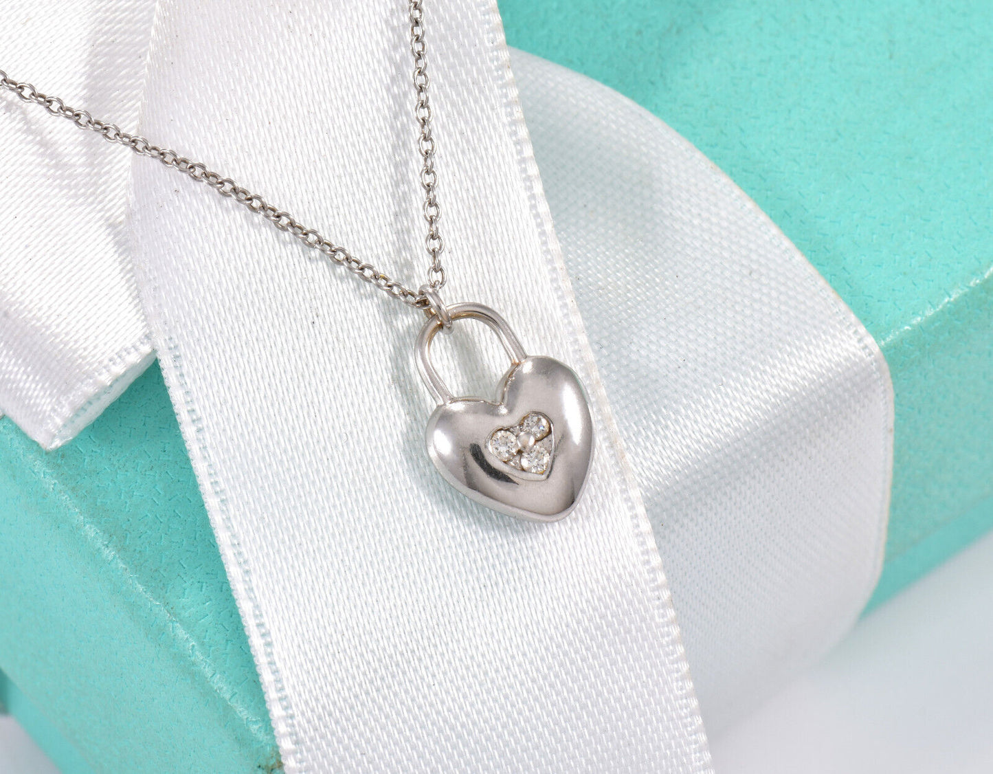 Tiffany & Co Diamond 18K White Gold Heart Lock 16.5" Necklace in Box Pouch Rare