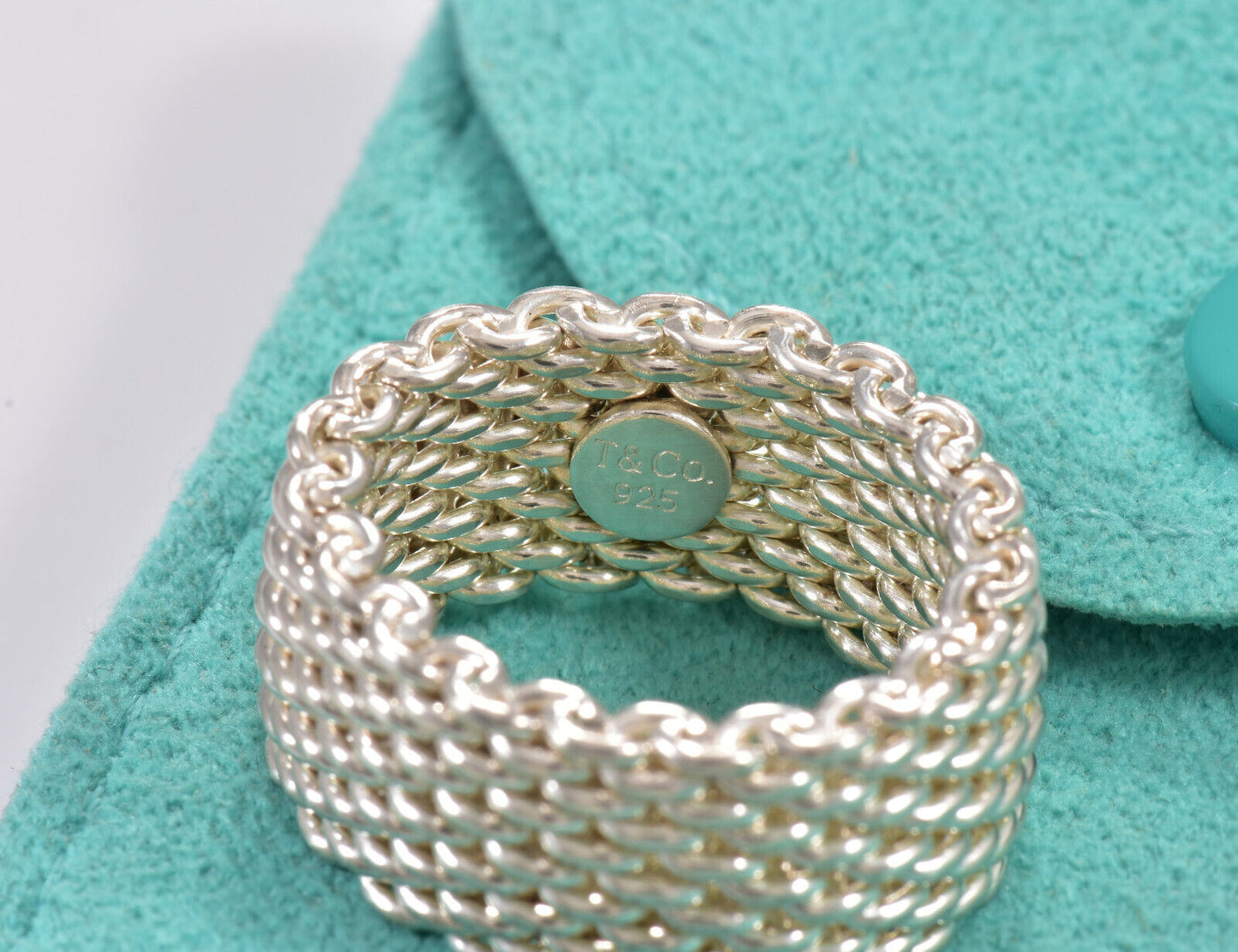 Size 8 Tiffany & Co Somerset Sterling Silver Mesh Link Band Ring in Pouch Rare