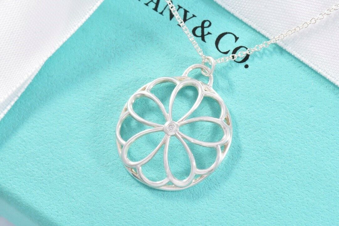 Tiffany & Co Silver Diamond Blossom Garden Flower Pendant 16.25" Necklace Pouch