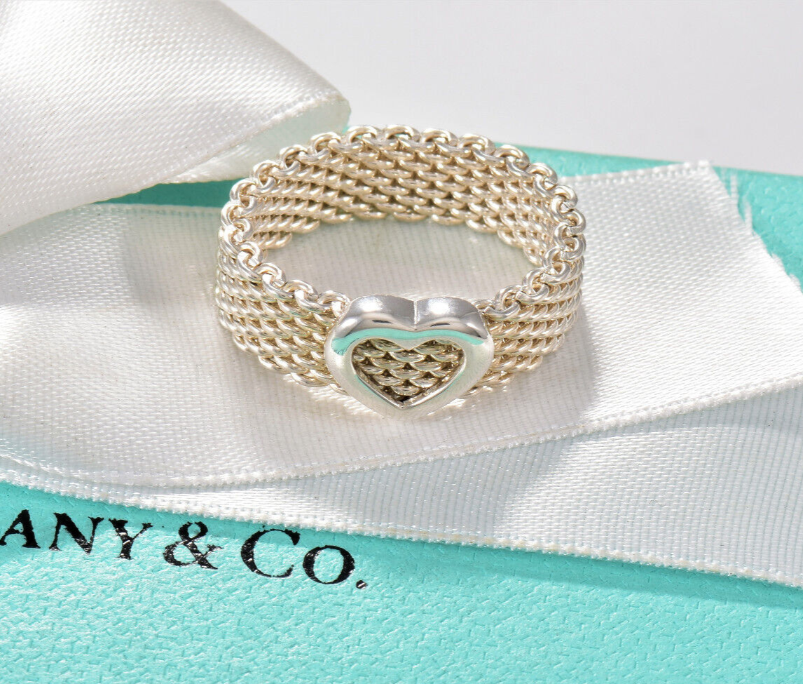 Size 8 Tiffany & Co Sterling Silver Heart Mesh Love Ring in Pouch Rare Lovely