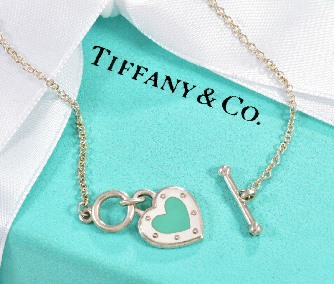 6.75" Return To Tiffany & Co Silver Blue Enamel Heart Charm Toggle Bracelet Box