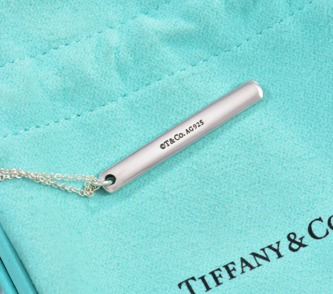 Tiffany & Co Sterling Silver 1837 Thin Bar Pendant Necklace in Box Pouch Ribbon