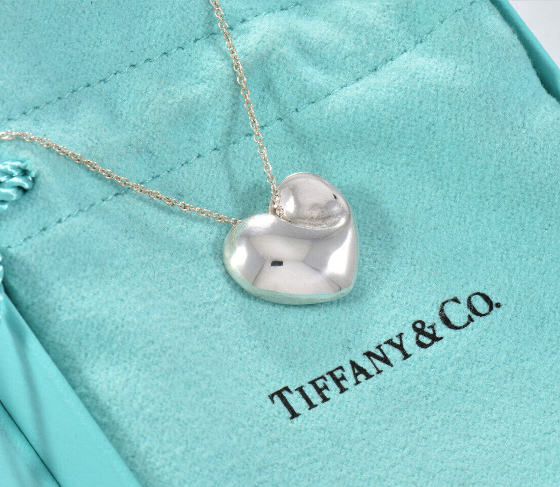 Tiffany & Co Sterling Silver Carved Full Puff Heart Pendant Necklace in Pouch