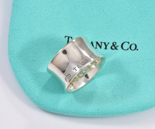 Size 6.5 Tiffany & Co Sterling Silver 1837 Wide Concave Band Ring in Pouch