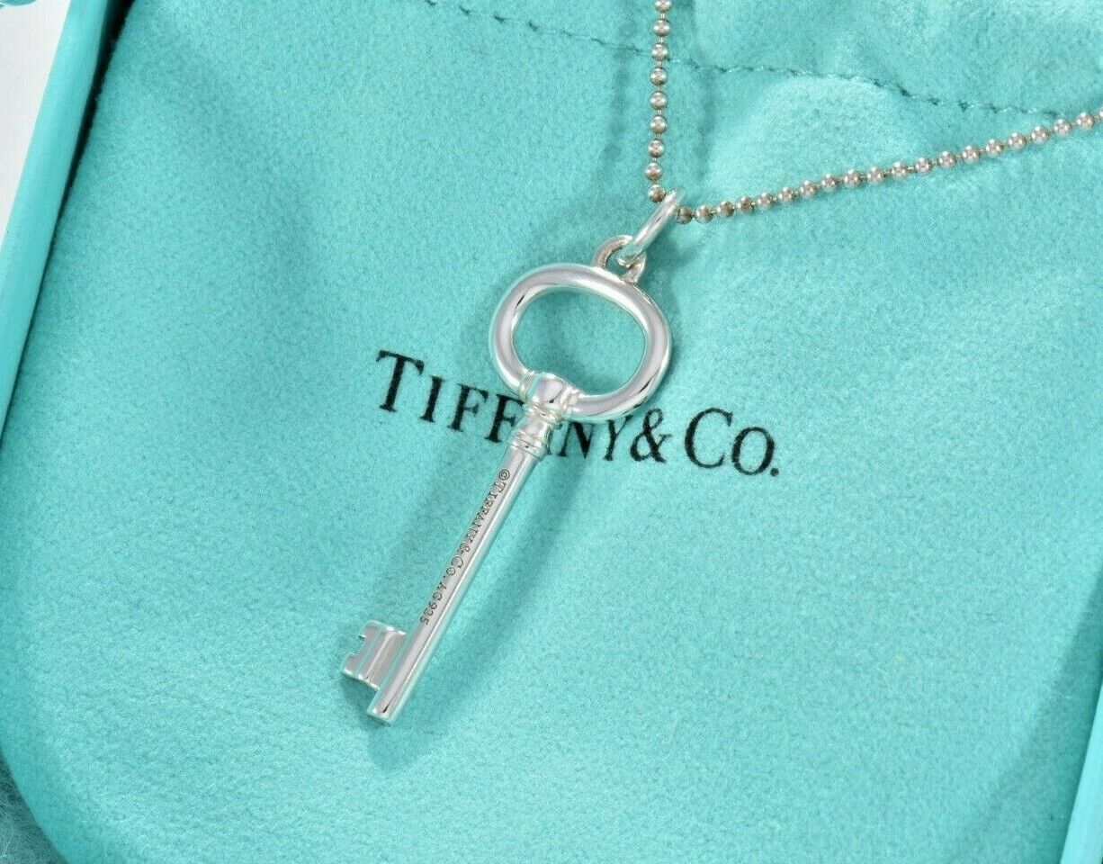 Tiffany & Co Sterling Silver 1.5" Oval Key Pendant 18" Bead Chain Necklace Pouch