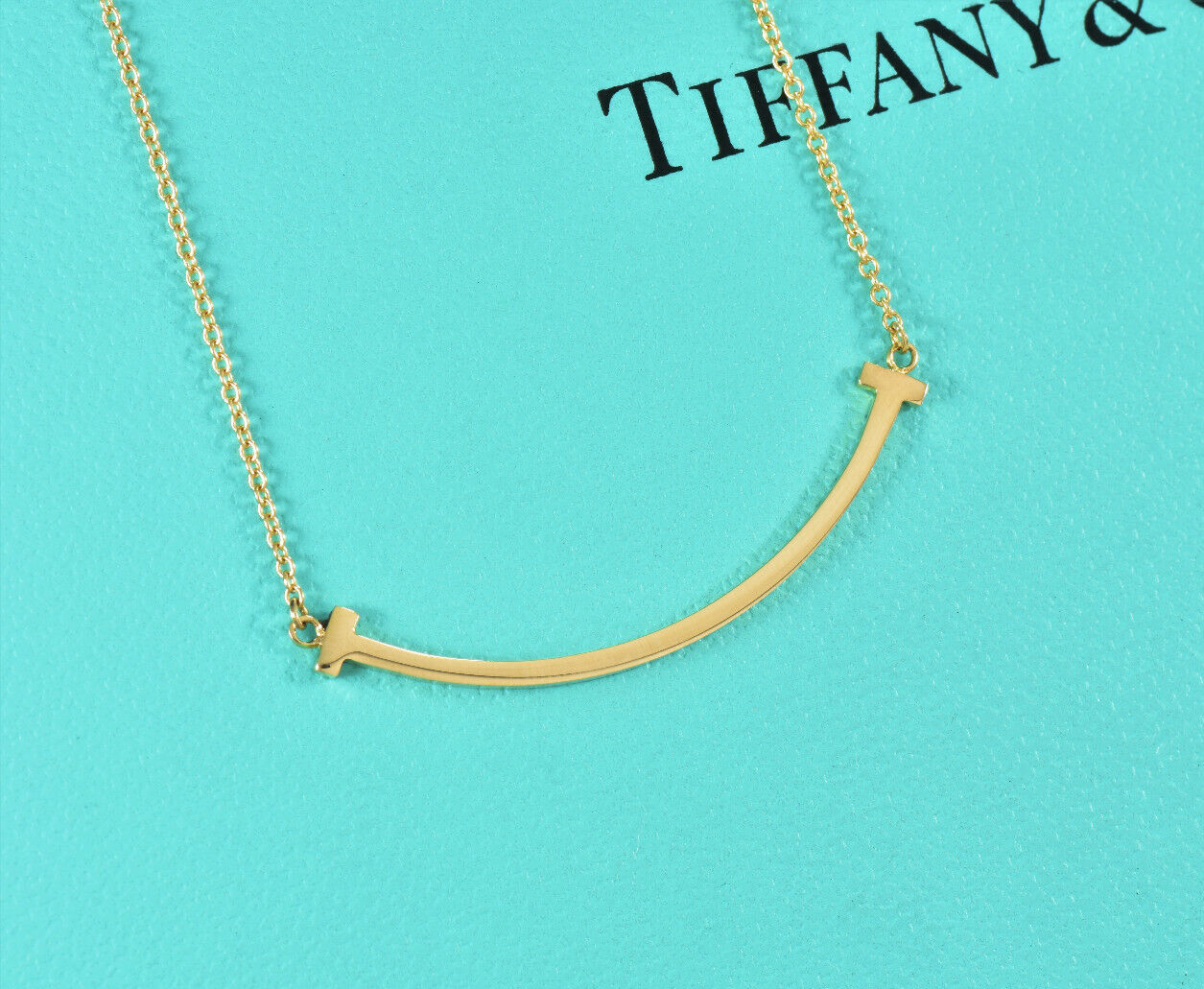 Tiffany & Co 18K Yellow Gold Small T Smile Pendant Necklace 16-18.2" & Box Pouch