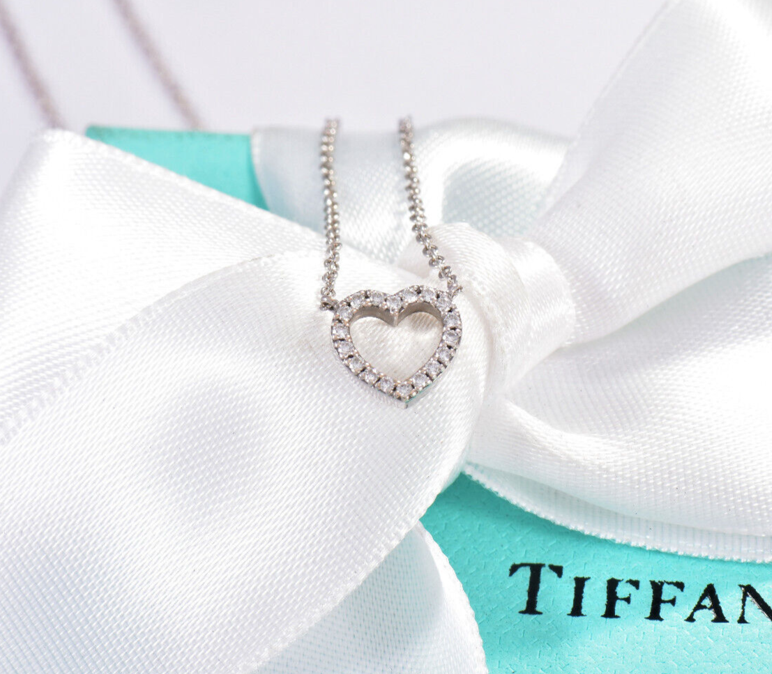 Tiffany & Co Diamond 18K White Gold Metro Heart Pendant 16.5" Necklace in Box