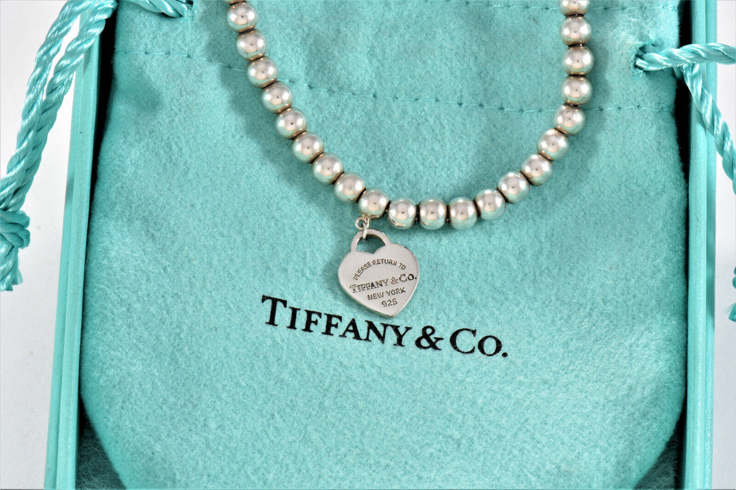 Please Return To Tiffany & Co Silver Blue Enamel Heart Charm Bead 7" Bracelet