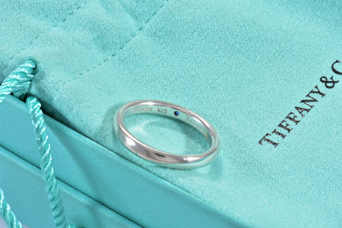 Tiffany & Co Silver Elsa Peretti Blue Sapphire Stack Ring Size 6.5 in Pouch Rare